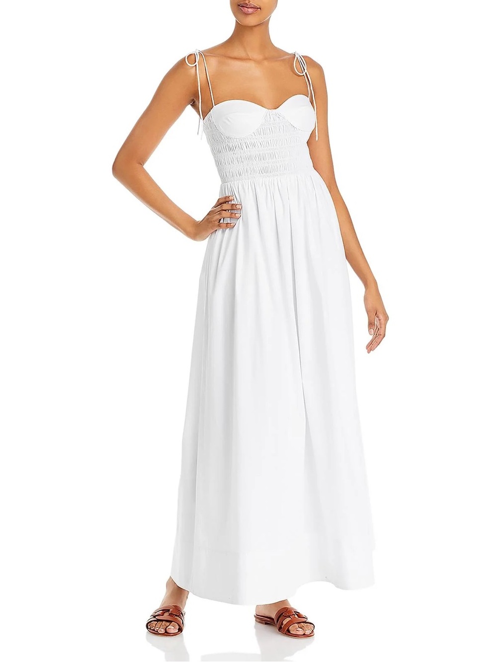 Staud Landry Shoulder-Tie Smocked Maxi Dress in White